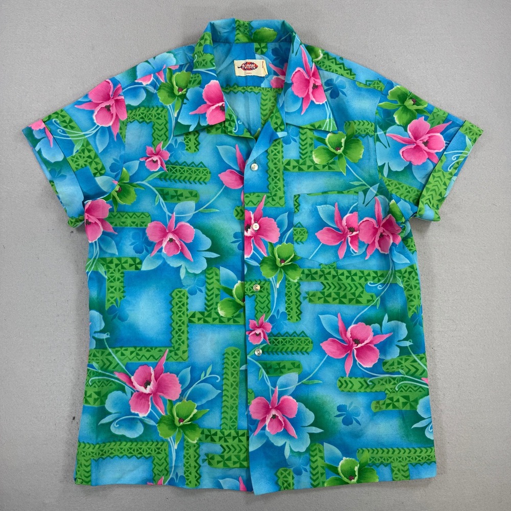 Vintage 70s Pomare Shirt Men Large Blue Button Up Floral Hibiscus Hawaiian Aloha